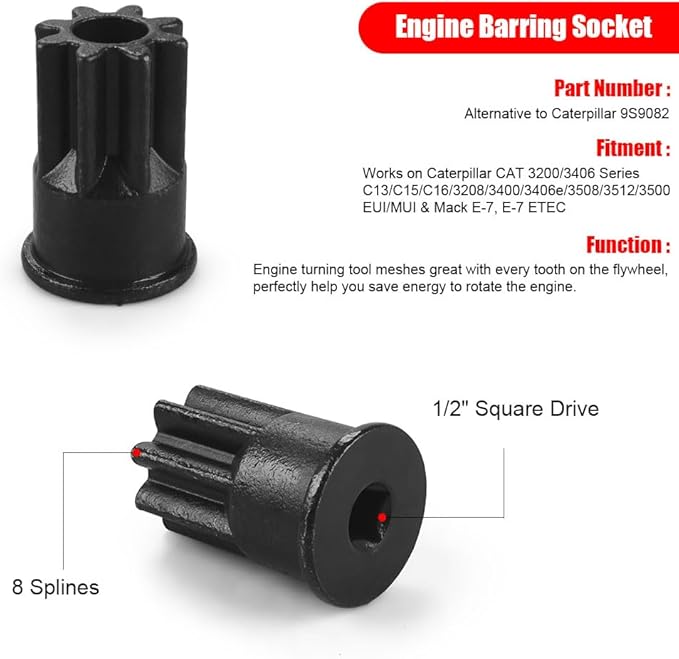 9U-7227 Injector Height Tool + 9U-6891 Injector Sleeve Remover Installer Set l+J-38587-a Engine Barring Socket Installer Tool Set Suitable For CAT Caterpillar 3406E C-15 C-16 Engines (8 PCS)