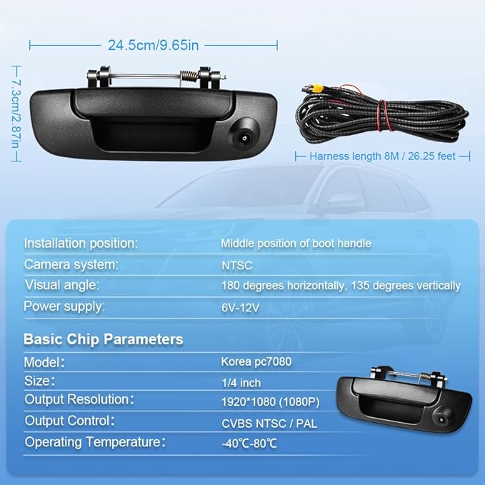 Rear Tailgate Handle Backup Camera Compatible with Dodge Ram 1500 2500 3500 2002-2008 Rear View Reverse Back Up Camera RCA Connector with Key Hole-Textured Black, 55276237AA