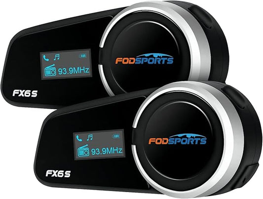 Fodsports FX6S Bluetooth Motorcycle Headset, 6-Way Motorbike Intercom Bluetooth, 1000m Motorcycle Helmet Communication Systems/Voice Dial/Universal Pairing/FM Radio (2 Pack FX6S with LED)