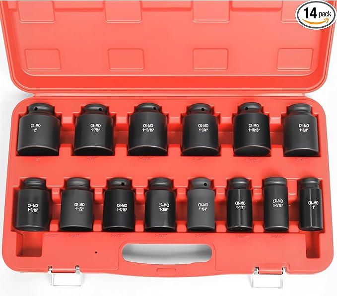 TONYNOL 3/4 Inch Drive Deep Impact Socket Set,6-Point,SAE Sizes(1“-2”),14 PCS,Cr-Mo Steel,Heavy Duty Impact Sockets for Automotive & Industrial Machinery,With a Storage Case