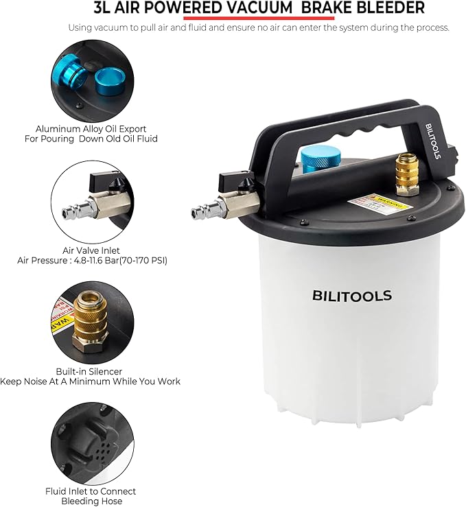 BILITOOLS 3L Brake Bleeder Vacuum Pump Kit Air Compressor, Universal One Person Pneumatic Brake System Clutch Fluid Bleeding Extractor Tool with Adapters & 1L Refilling Bottle