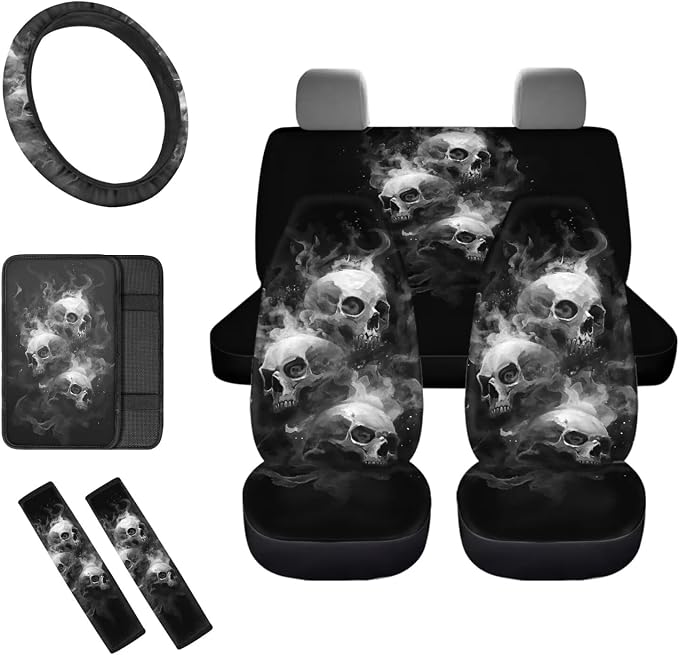 Goth Skull Car Seat Covers Full Set 8 Pcs Car Accessories for Women Front Seat Cover Steering Wheel Armrest Cover Seat Belt Cover for Auto SUV Interior Decoration