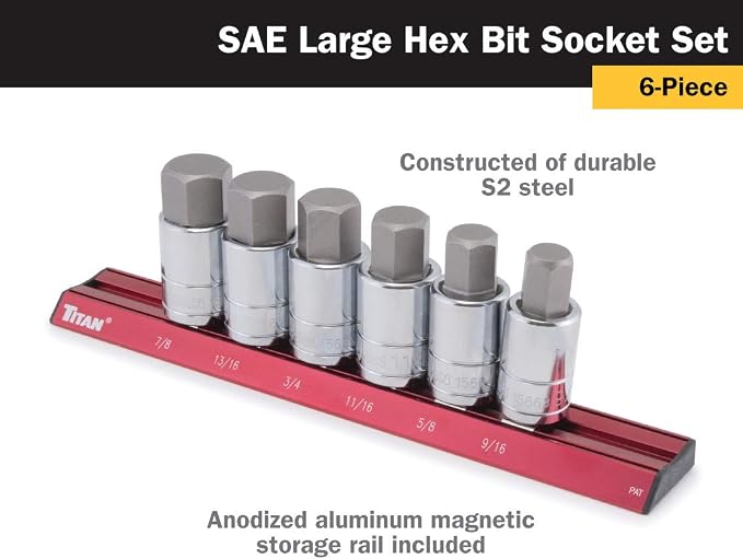 Titan 16130 6-Piece 1/2-Inch Drive SAE Hex Bit Socket Set, Magnetic Socket Organizer with Laser-Etched Size Markings