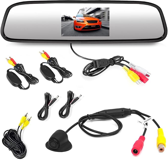 Pyle Wireless Backup Car Camera - Rearview Mirror Monitor System - Parking & Reverse Safety Distance Scale Lines, Night Vision & Waterproof Cam, 4.3" LCD Display - PLCM4370WIR