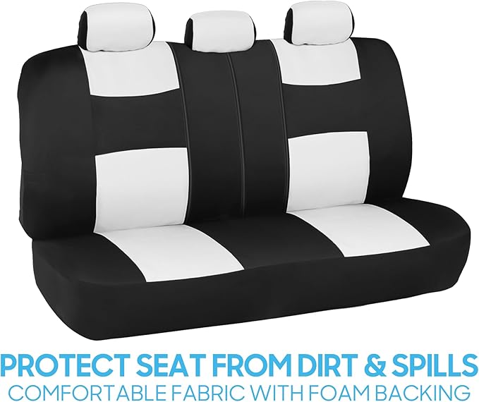 BDK PolyPro Car Seat Covers Full Set in White on Black, Front and Rear Split Bench Seat Covers for Cars, Easy to Install Car Seats Cover Set and Accessories for Auto Trucks Van SUV - White