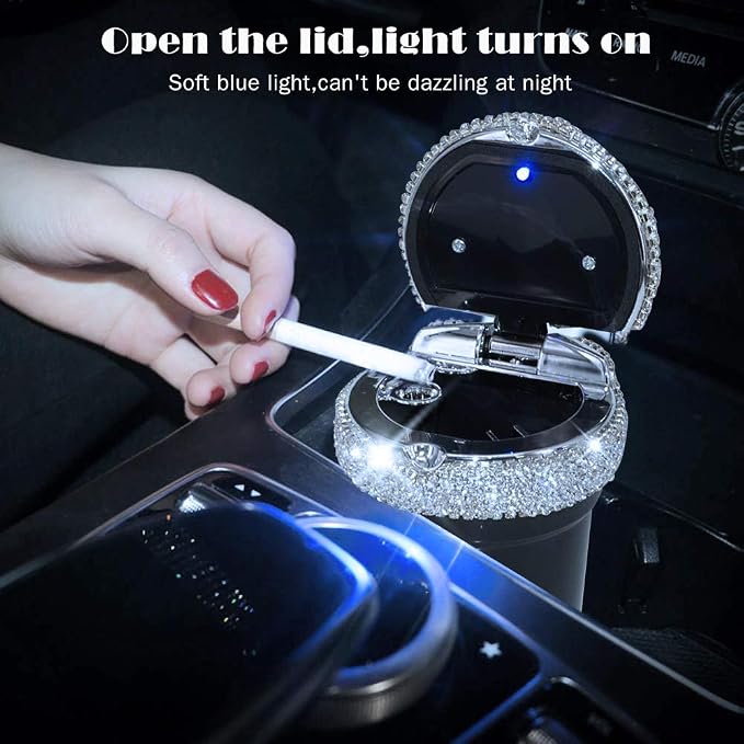 eing Car Ashtray Portable Bling Cigarette Smokeless Cylinder Cup Holder with Blue LED Light Indicator,Car Accessories for Women,Ideal for Car,Home and Office,1 - Pack Black+White