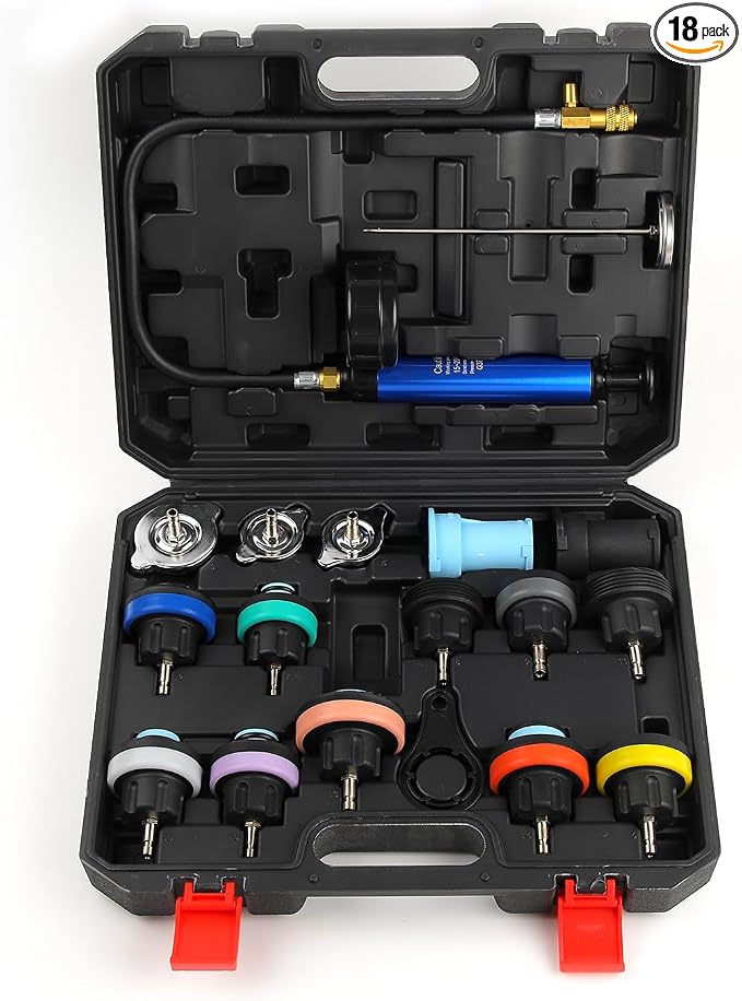 18pcs Universal Radiator Pressure Tester Kit, Coolant Vacuum Refill kit，Coolant Pressure Tester Kit with Manual Pump and Color-Coded Test Caps (Black)