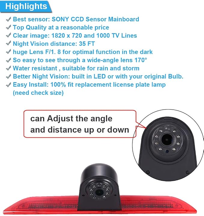 1280 * 720 Pixel Third Roof Brake Lamp Car Backup Camera Replacement for Ford Transit 3 Van Transporter 2014-2015 Dritte 3 Reverse Parking Camera Waterproof Night Vision