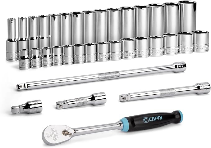 Capri Tools 3/8 in. Drive Master 6-Point Chrome Socket Set, 8 to 22 mm, with Extension and 90-Tooth Soft Grip Ratchet, 35-Piece, Metric
