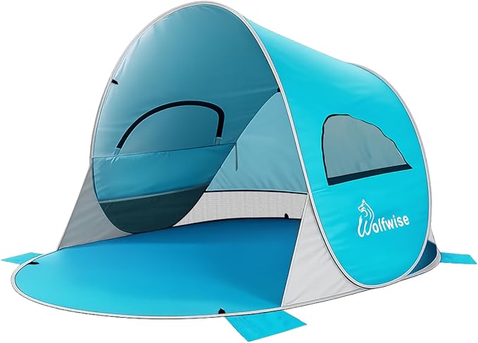 Wolfwise Pop up Beach Tent Sun Shelter with UPF50+ UV Protection, Instant Easy Setup Popup Beach Shade Canopy for 3 Person, Portable & Foldable with Carring Bag, 87 ×57×47 in, Blue