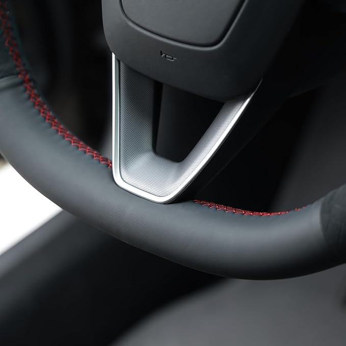 MEWANT Hand Stitch Real Leather Embossed Athsuede Steering Wheel Cover for Tesla Model 3 Highland 2025 Model Y Juniper
