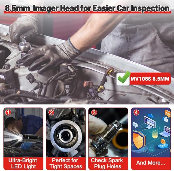 Autel MaxiVideo MV108S Borescope Inspection Camera, 2026 Endoscope with 8.5mm Waterproof Image Head, Work w/All Autel Scanners MK808 MX808 MX900 MK900