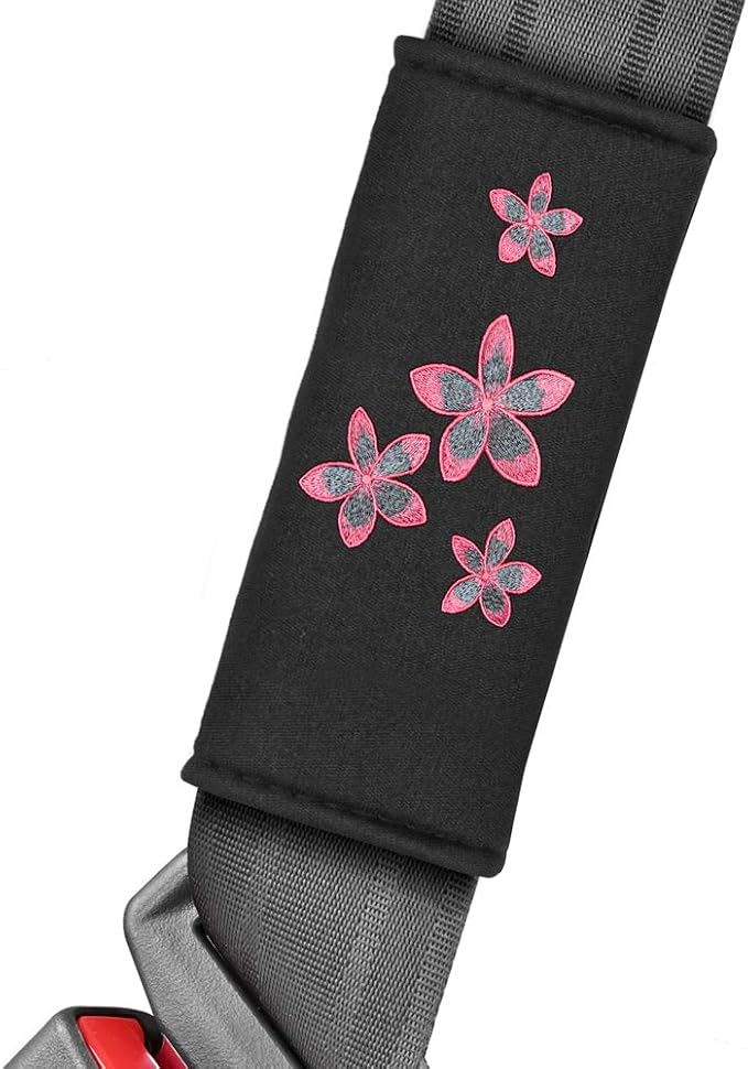 BDK Pink Floral Flower Print Car Seat Covers, Full Set with Steering Wheel Cover and Seat Belt Pads, Front and Rear Universal Fit for Car Truck SUV Van, Cute Auto Interior Accessory for Women