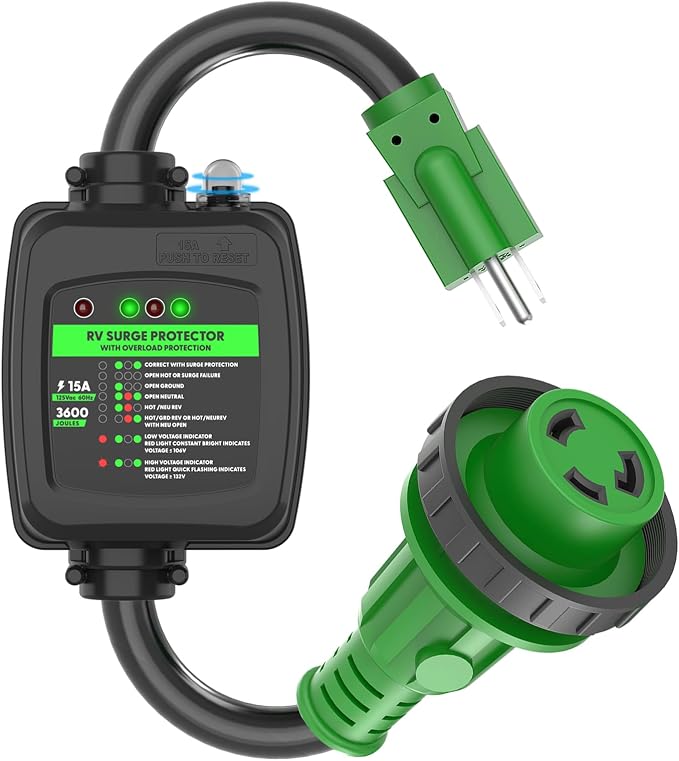 RVGUARD Surge Protector 30 Amp to 110 Volt RV Adapter Cord with Overload Protection, NEMA 5-15P to NEMA L5-30R Electrical Power Adapter, 2 Feet, Green, ETL Listed
