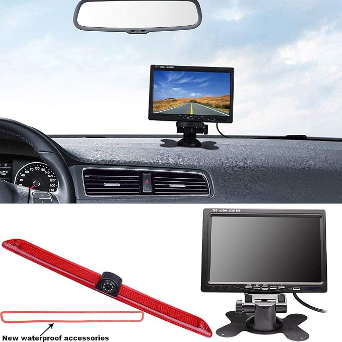 HD Brake Light Backup Camera with 7 Inch LCD Monitor, Waterproof Night Vision Car Roof Reversing Camera Replacement for VW Crafter Caravelle 2007-2015/Mercedes Sprinter W609 W907 W910 316 CDI