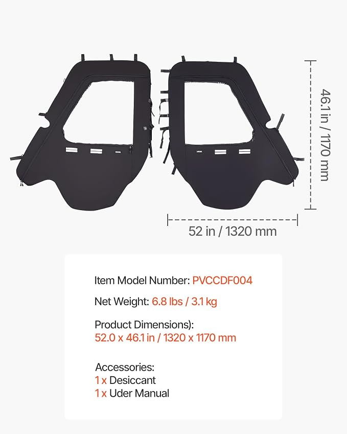 VEVOR Cab Enclosure Upper Doors, Compatible with Hisun 500 700/Axis 500 700, Soft Upper Doors, Windproof & Waterproof Upgraded Zipper UTV Soft Side Window Kit, Work with Side Mirrors and Windshields