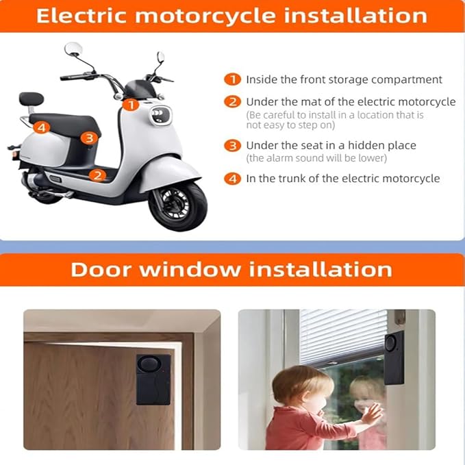 Mengshen Wireless Anti Theft Vibration Door Window Alarm Motion Sensor with 2 Remote Control Burglar Alarm for Bicycle EBikes Scooter Car 110dB Loud (4 Sensors with 2 Remote Control)