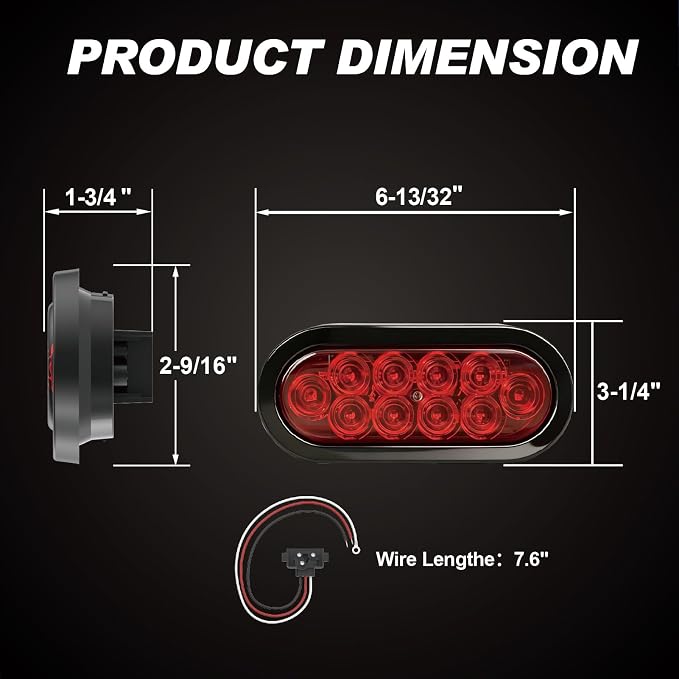 6" Oval LED Trailer Lights, Red & White 6 Pack, 12V | 6-inch oval, 4 red + 2 white, IP65 waterproof, 3-wire plug-and-play, stop/turn/tail, high brightness