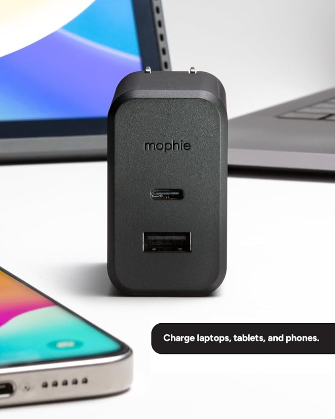 Mophie GaN 60W USB C Charger Block with USB A Port - Fast Wall Charger for iPhone, iPad, Google Pixel, Samsung Galaxy, MacBook Pro, Laptops, and More - Compact, Foldable Prongs, Eco-Friendly, Black