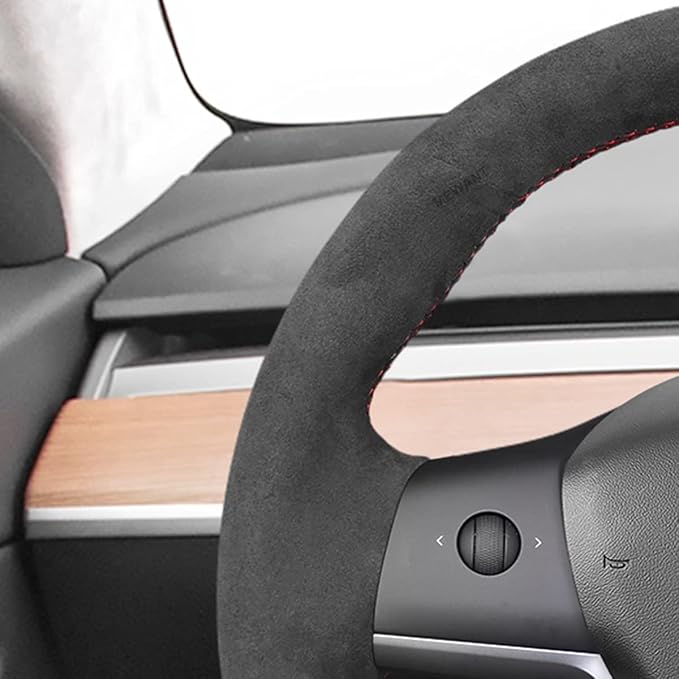 MEWANT Hand Stitch DIY Athsuede Steering Wheel Cover Wrap for Tesla Model 3 2017-2020 Car Interior