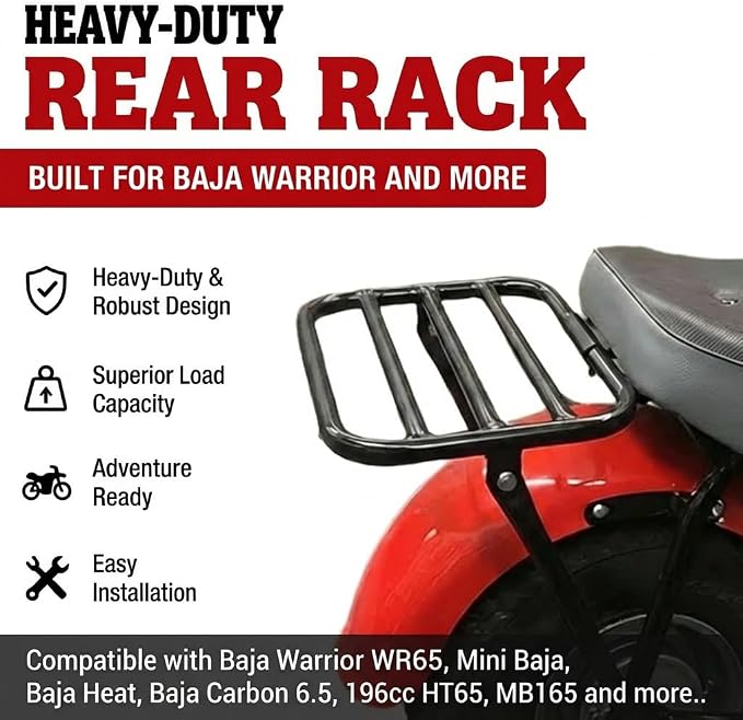 Heavy-Duty Rear Rack for Massimo Baja MB200 Warrior WR65, Mini Baja, Baja Heat, Baja Carbon 6.5 196cc HT65, MB165, 200lbs Load Capacity, Durable Design, Extended Axle & Installation Kit