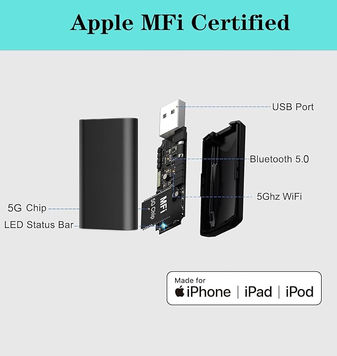 Apple MFi Certified Wireless CarPlay Adapter for iPhone, 5GHz Wireless Carplay Dongle, Convert Wired to Wireless CarPlay, for Factory Wired CarPlay Cars from 2015, Plug & Play (Black)