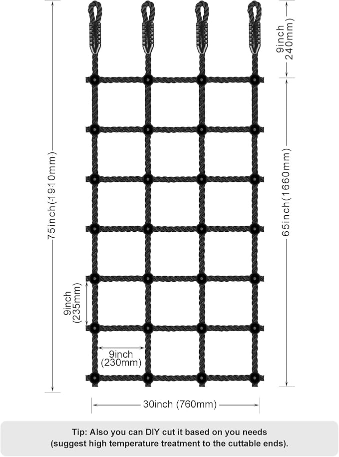 Climbing Cargo Net for Kids Outdoor 30" x 75" Heavy-Duty No Knots Climbing Net for Swing Set, Treehouse, Playground, Ninja Lines, Ninja Obstacle Course Rope Net for Climbing - 1000 LB Capacity