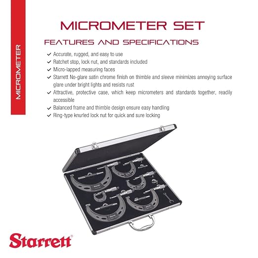 Starrett Outside Micrometer Set with Ratchet Stop, Ring-Type Knurled Lock Nut and Satin Chrome Finish - Quick and Easy Adjustment, 0-6" Set Range, .0001" Graduations - ST444.1CXRLZ