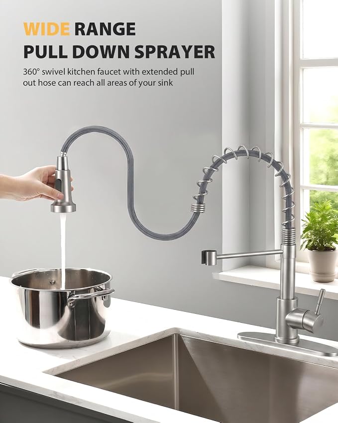 Hiqufet Kitchen Faucet with Pull Down Sprayer, High Arc Single Handle Kitchen Sink Faucet for Pot Filler, Single Hole Single Handle Stainless Steel Bar Sink Faucets