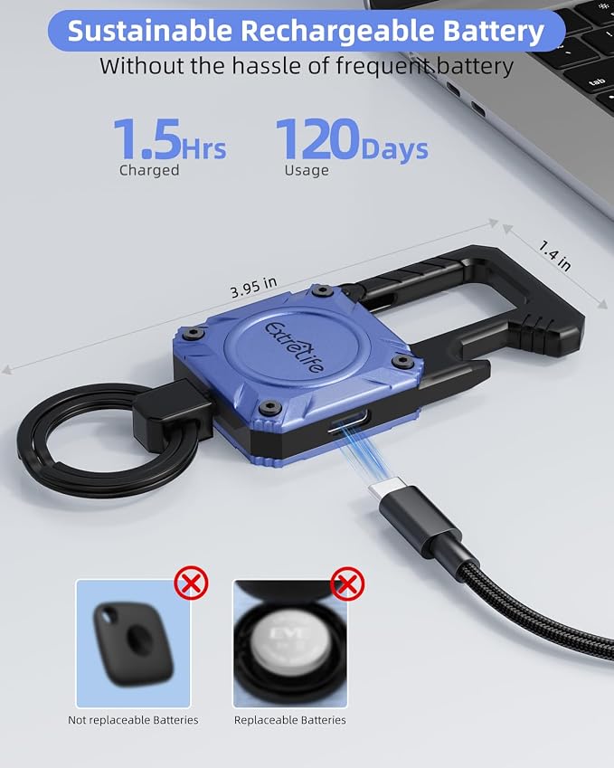 ExtreLife Keychain, Works with Apple Find My, Bottle Opener, Carabiner Car Key Chains with Gps Tracker