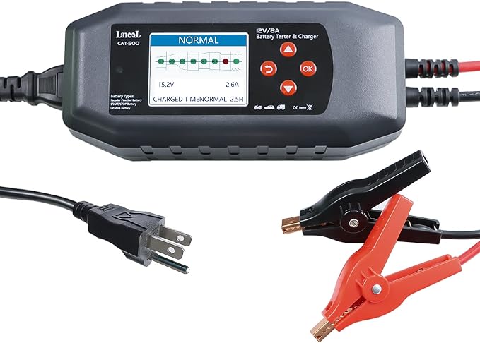 CAT-500 12V Car Battery Tester & Charger, 2-in-1 8-Step Smart Battery Charger with Cranking & Charging System Test, 100-3000 CCA Battery Load Tester