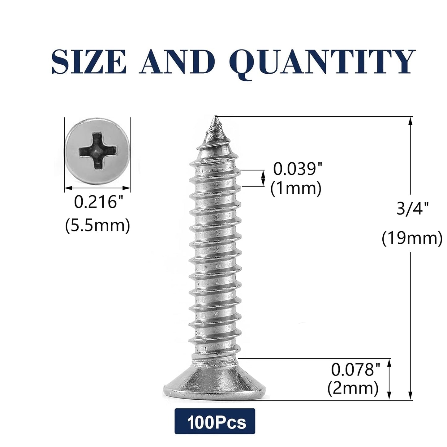 #4 x 3/4" Wood Screw 100Pcs 18-8 (304) Stainless Steel Screws Flat Head Phillips Fast Self Tapping Drywall Screws by SG TZH