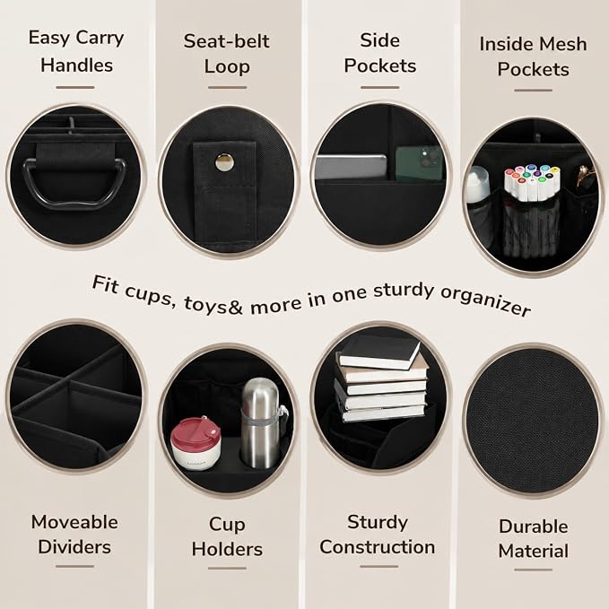 CROS 6 Pack Car Seat Organizer with Metal-Reinforced Cup Holders, 12 Storage Compartments Backseat Car Organizer, Travel Essentials for Kids Toys & Snacks, Non-Slip Seat Storage for SUV, Truck, Black
