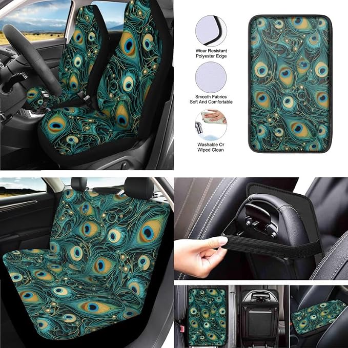 Peacock Feather Print Car Seat Cover Full Set Cartoon Animal Relief Feathers Pattern 13 Pcs Print Front/Rear Split Bench Protection Universal Fit for Auto Truck Van SUV