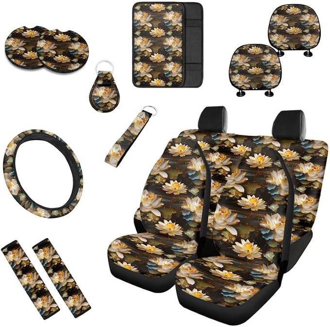 Lotus Oil Painting Pattern Car Seat Covers Seat Cover Set of Waterlily Hand Drawing Print 13 Pack Ultra-Soft Universal Fit for Cars Keychain Coaster for SUV Sedan Van