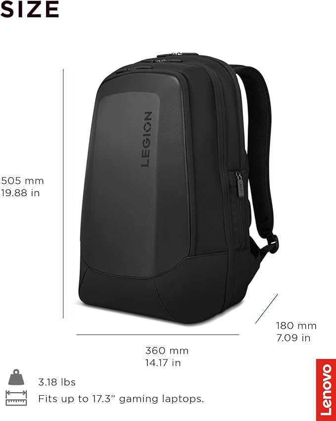 Lenovo - Legion 17” Armored Backpack – Gaming Laptop Bag – Double Layered Protection – Dedicated Storage Pockets – Durable Pack with EVA Front Shield
