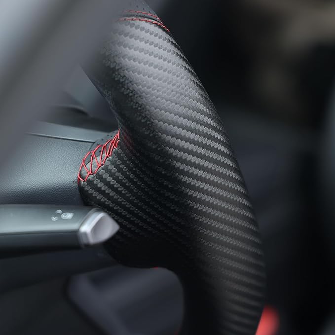 MEWANT Hand Stitch Steering Wheel Cover for Tesla Model 3 2017-2023 Model Y 2020-2023 Black Faux Leather PU Carbon Fiber Custom Fit DIY Wrap Interior Accessories