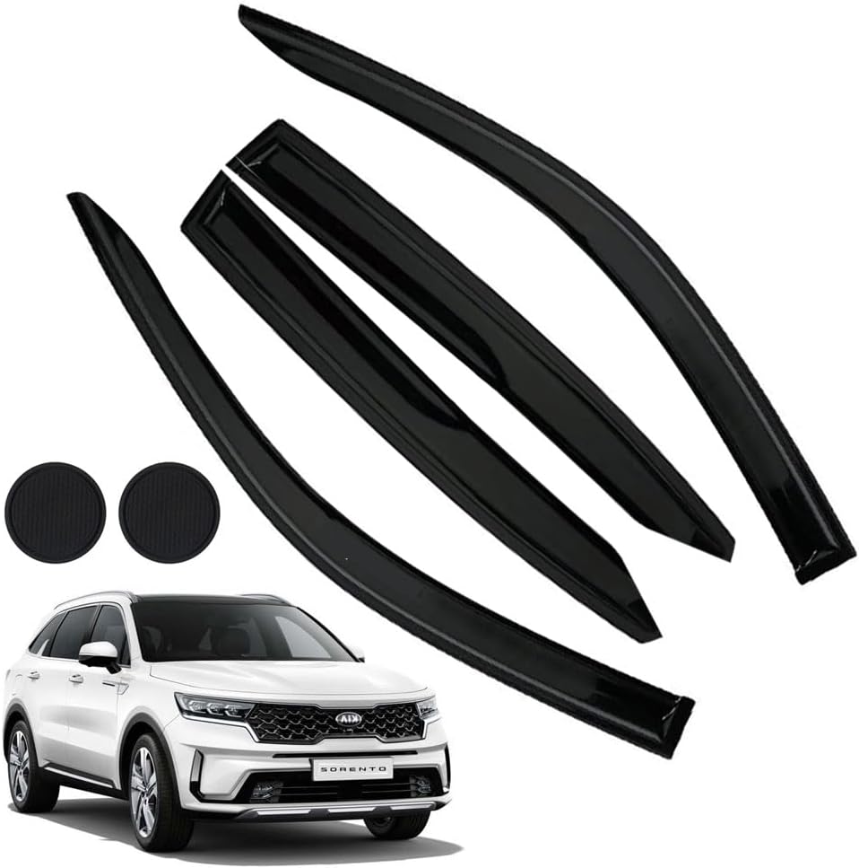 Rain Guards for Kia Sorento 2021-2023, Tape-on Side Window Deflectors for Kia Sorento, Window Visors for Kia Cars, for Kia Car Accessories 4 Rain Guards ＆ 2 Car Coasters