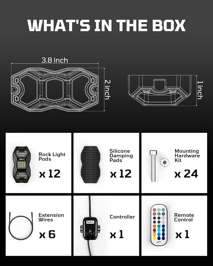 RGB Rock Lights for Trucks Jeep, 12 Pods with APP & RF Control, Pure White & 16M Colors, 20+ Dynamic Modes, Music & Voice Sync, IP67 Waterproof, Includes 6x6.7ft Extension Wires