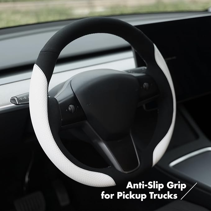 MEWANT Hand Stitch Steering Wheel Cover for Tesla Model 3 2017-2023 Model Y 2020-2023 Black Athsuede White Microfiber Leather Custom Fit DIY Wrap Interior Accessories