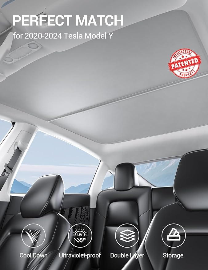 BASENOR 2024-2020 Tesla Model Y Sunshade Roof, [Nano Ice-Crystal Coatings] Heat Insulation Glass Roof Shade, Top Window Retractable Sun Protection, Sunroof Blocking Cover for Model Y Gray