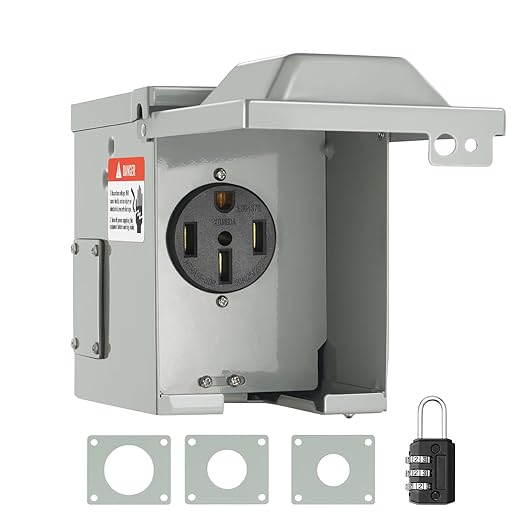VEVOR 50 Amp RV Power Outlet Box, 125/250 Volt, Enclosed Lockable Outdoor RV Receptacle Box, NEMA 14-50R Weatherproof Electrical Panel, for RV Camper Trailer Motorhome Electric Car