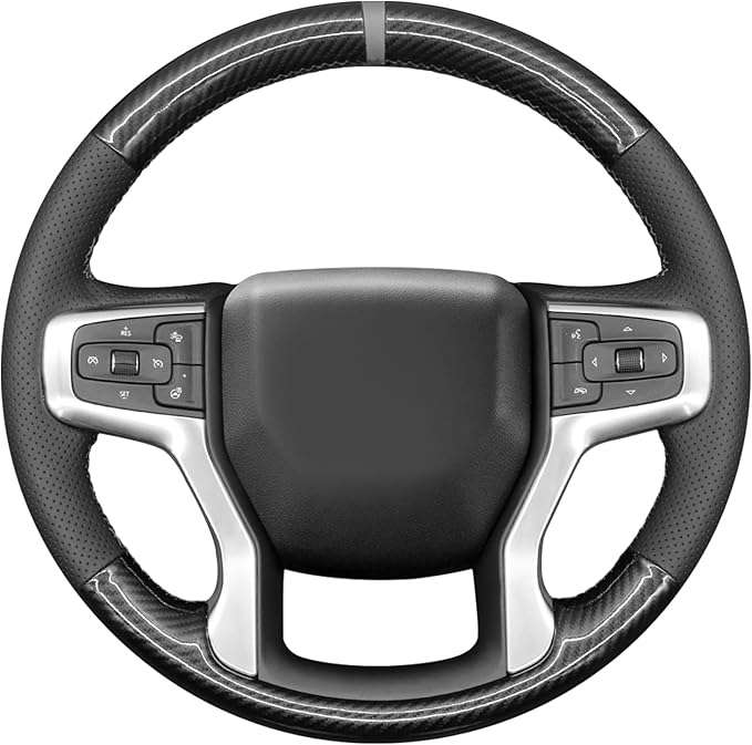 MEWANT Steering Wheel Cover for Chevy Silverado 1500 2019-2024/2500 3500 2020-2024/Blazer 2019-2024/Suburban Tahoe 2021-2024 Carbon Fiber Hand-Stitched Steering Wheel Wrap
