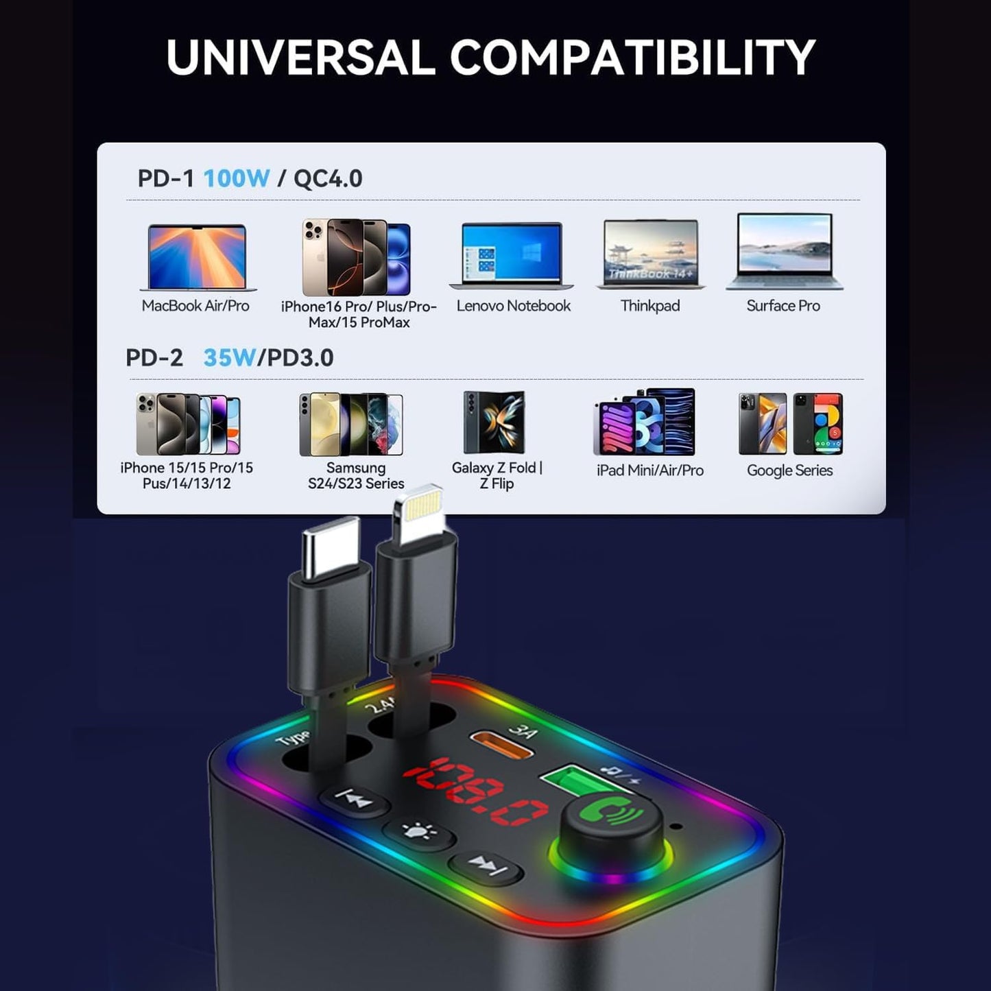 Vitog Retractable Car Charger, Wireless Bluetooth 5.3 FM Transmitter 100W USB C 4 in 1 Fast Car Charger Adapter,iPhone 16 Fast Charging-for iPhone 16 15 14 13 12 Android