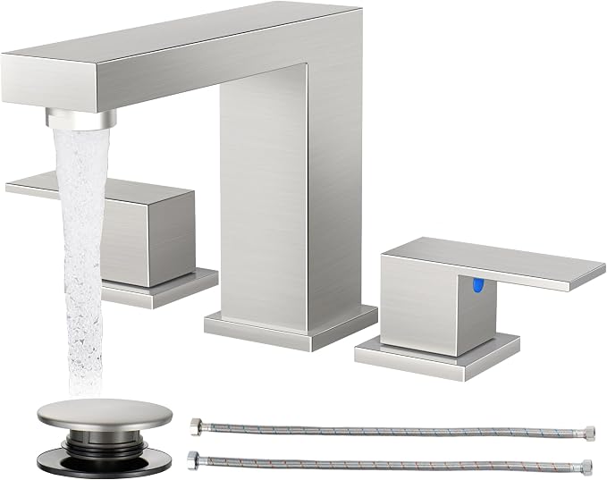 Cobbe Bathroom Faucets for Sink 3 Hole, Brushed Nickel Bathroom Sink Faucet Square 8 inch Widespread with Pop-Up Drain, 2 Handle and 2 Supply Hoses, Lead-Free Stainless Steel for Vanity Rv, Farmhouse