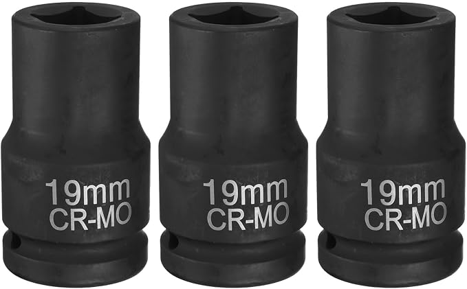 HARFINGTON 3pcs 4 Point Square Socket 1" Drive 19mm Metric CR-MO Phosphate Blackening Standard Wheel Impact Sockets for Auto Repair Mechanical Maintenance Home Install