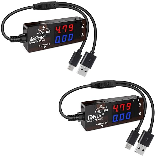 DROK USB Tester 2pcs, USB-A USB-C 2.0 Multimeter Dual USB Ports PD QC 3.0 with Color LED Display Battery Charger Monitor, 7 Modes Capacity Voltage Current Power for Laptop Power Bank Solar Panel