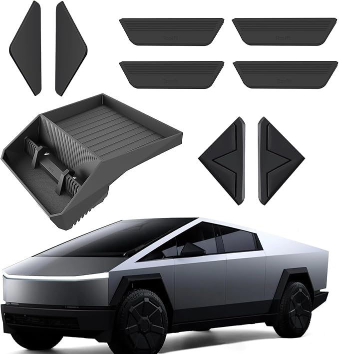 Tesla Cybertruck Accessories Bundle: Behind Hidden Screen Storage Tray (2023-2025), Fingerprint-Resistant Door Handle Set [4pcs], and Door Edge Protectors – Non-Slip Organizer, Anti-Collision Guards,