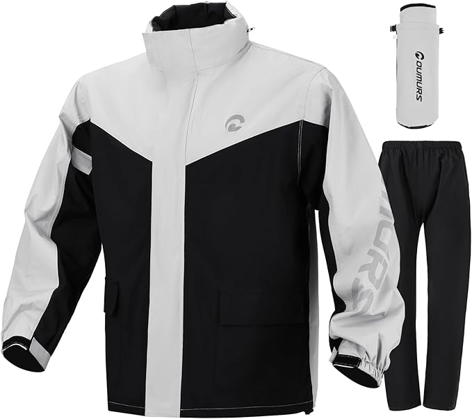 Oumurs Men's Motorcycle Rain Suit Waterproof Jacket & Pants with Reflective Strips, Breathable Mesh Lining Riding Raincoat