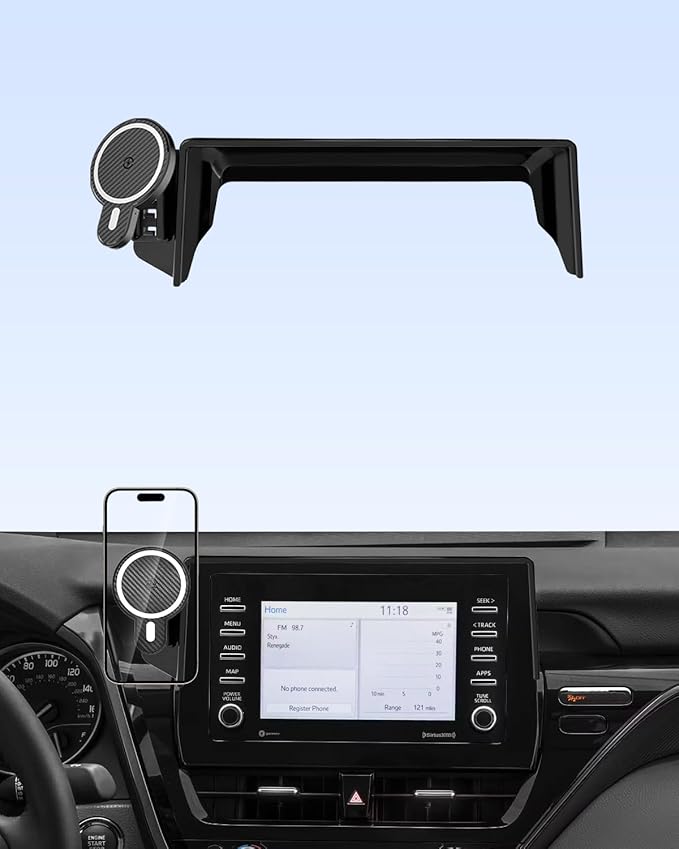 PZK Car Phone Holder for Toyota Camry 2021-2024 LE/SE/SE Nightshade/TRD Accessories 7-Inch Screen Fixed Clip Magnetic 15W Fast Wireless Charger Car Phone Mount 360° Rotation (Not Fit 9-Inch)